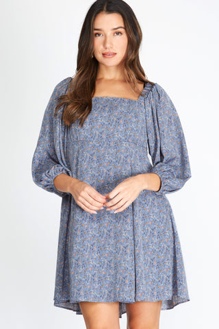 WOVEN BACK DRESS WITH PLEATED SKIRT IN DUSTY BLUE-Dresses-MODE-Couture-Boutique-Womens-Clothing