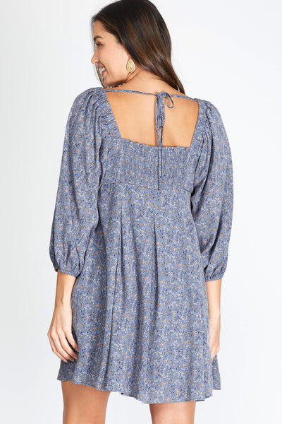 WOVEN BACK DRESS WITH PLEATED SKIRT IN DUSTY BLUE-Dresses-MODE-Couture-Boutique-Womens-Clothing