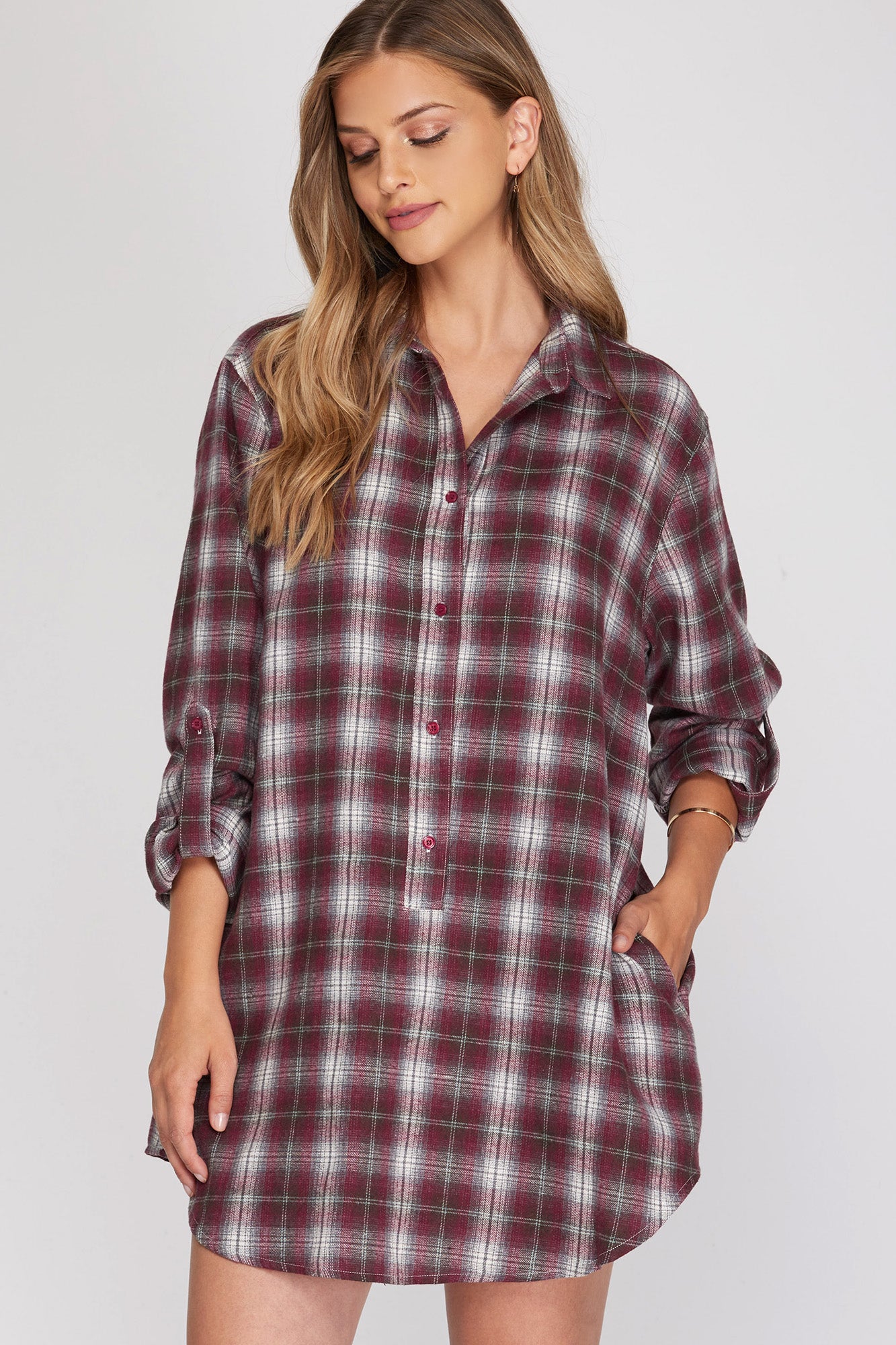 SHAYNA ROLL UP SLEEVE CHECKERED TUNIC TOP DRESS WITH POCKETS IN BURGUNDY-Dresses-MODE-Couture-Boutique-Womens-Clothing