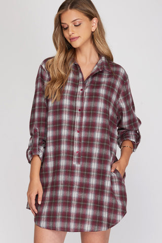 SHAYNA ROLL UP SLEEVE CHECKERED TUNIC TOP DRESS WITH POCKETS IN BURGUNDY-Dresses-MODE-Couture-Boutique-Womens-Clothing