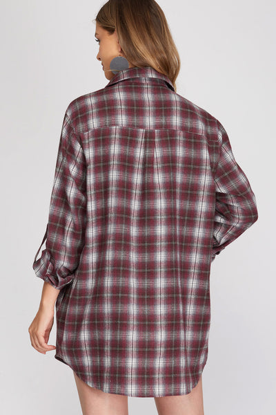 SHAYNA ROLL UP SLEEVE CHECKERED TUNIC TOP DRESS WITH POCKETS IN BURGUNDY-Dresses-MODE-Couture-Boutique-Womens-Clothing