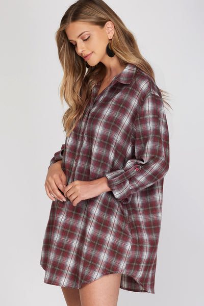 SHAYNA ROLL UP SLEEVE CHECKERED TUNIC TOP DRESS WITH POCKETS IN BURGUNDY-Dresses-MODE-Couture-Boutique-Womens-Clothing