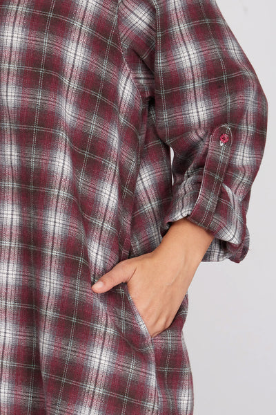 SHAYNA ROLL UP SLEEVE CHECKERED TUNIC TOP DRESS WITH POCKETS IN BURGUNDY-Dresses-MODE-Couture-Boutique-Womens-Clothing