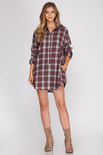 SHAYNA ROLL UP SLEEVE CHECKERED TUNIC TOP DRESS WITH POCKETS IN BURGUNDY-Dresses-MODE-Couture-Boutique-Womens-Clothing