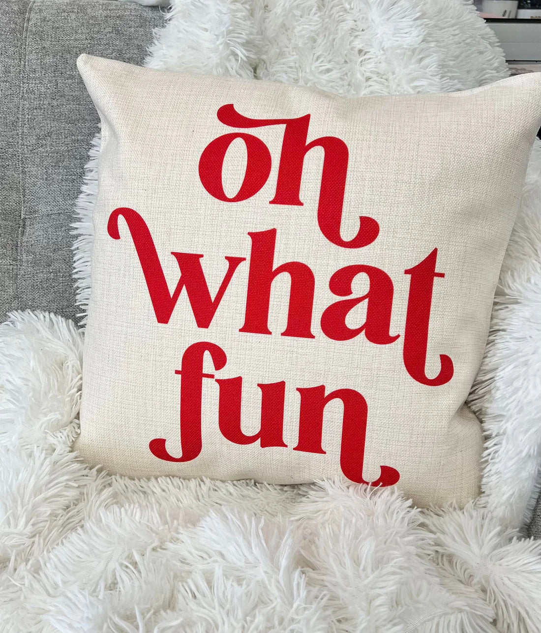 OH WHAT FUN HOLIDAY PILLOW IN BEIGE-Pillow-MODE-Couture-Boutique-Womens-Clothing