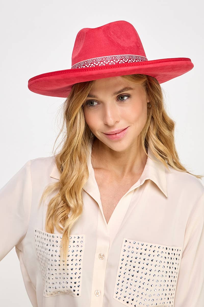 Boho Band Beveled Western Cowboy Fedora Hat In Red-hat-MODE-Couture-Boutique-Womens-Clothing