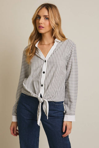 MARLOWE STRIPE TIE-FRONT TOP IN WHITE/BLACK-Tops-MODE-Couture-Boutique-Womens-Clothing