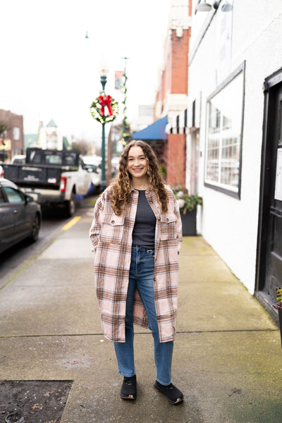 SNOWY NIGHT WOOL MIX PLAID CHECKER LONGLINE FLANNEL JACKET IN PINK-MODE-Couture-Boutique-Womens-Clothing