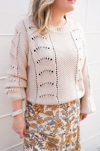 COASTAL CROCHET SCALLOP SWEATER IN OATMEAL-Sweaters-MODE-Couture-Boutique-Womens-Clothing