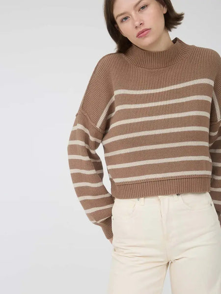 CITY STRIPE MOCK NECK SWEATER IN COCOA-Sweaters-MODE-Couture-Boutique-Womens-Clothing