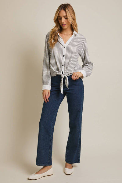 MARLOWE STRIPE TIE-FRONT TOP IN WHITE/BLACK-Tops-MODE-Couture-Boutique-Womens-Clothing