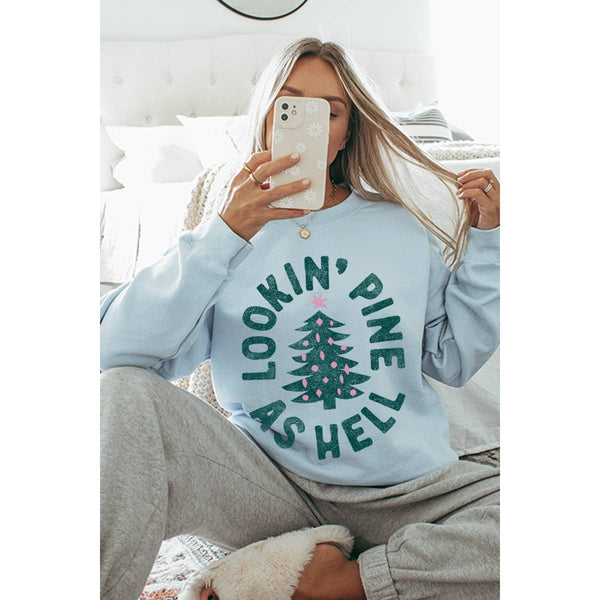 LOOKIN PINE AS HELL VINTAGE GRAPHIC SWEATSHIRTS: WHITE / L-MODE-Couture-Boutique-Womens-Clothing