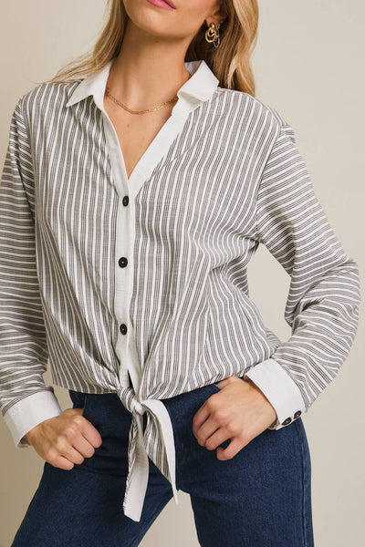 MARLOWE STRIPE TIE-FRONT TOP IN WHITE/BLACK-Tops-MODE-Couture-Boutique-Womens-Clothing