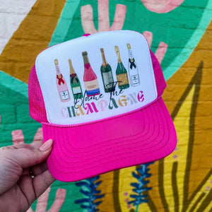 BLAME THE CHAMPAGNE TRUCKER HAT IN PINK-Hats-MODE-Couture-Boutique-Womens-Clothing