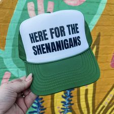 HERE FOR THE SHENANIGANS TRUCKER HAT IN GREEN-Hats-MODE-Couture-Boutique-Womens-Clothing
