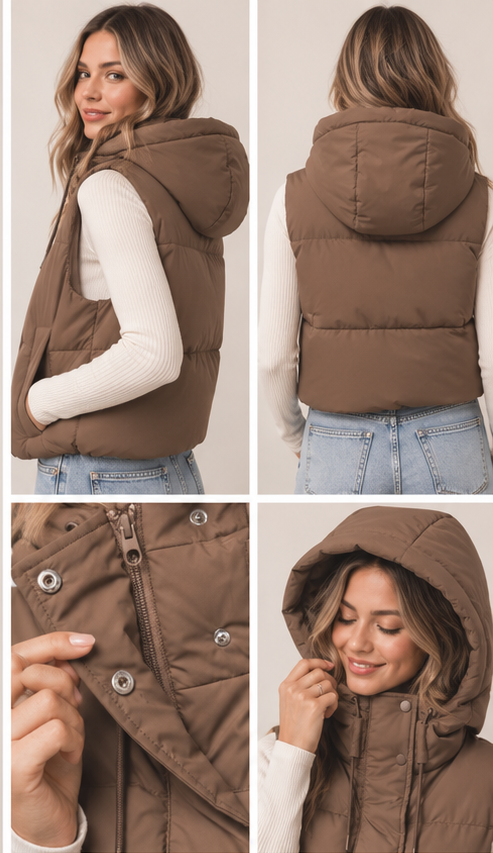 TOASTED MARSHMALLOWS AND SPICED TEA PUFFER VEST IN CHOCOLATE