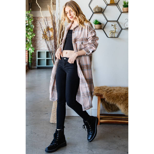 SNOWY NIGHT WOOL MIX PLAID CHECKER LONGLINE FLANNEL JACKET IN PINK-MODE-Couture-Boutique-Womens-Clothing