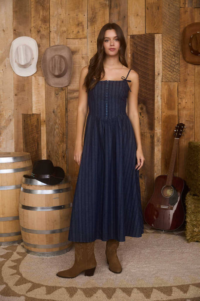 DAKOTA STRIPE MIDI DRESS IN DENIM-Dresses-MODE-Couture-Boutique-Womens-Clothing