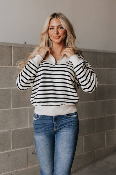 RISK TAKER 1/4 ZIP STRIPED SWEATER IN CREAM & BLACK-pullover sweatshirt-MODE-Couture-Boutique-Womens-Clothing