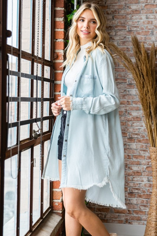 DRIVE ME CRAZY CHAMBRAY BUTTON DOWN SHIRT DRESS IN DENIM BLUE-Shirts & Tops-MODE-Couture-Boutique-Womens-Clothing