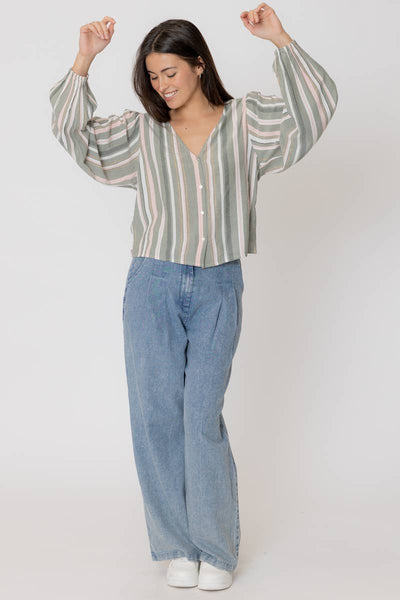 MARIBEL STRIPED BUTTON DOWN BLOUSE IN SAGE-Blouse-MODE-Couture-Boutique-Womens-Clothing