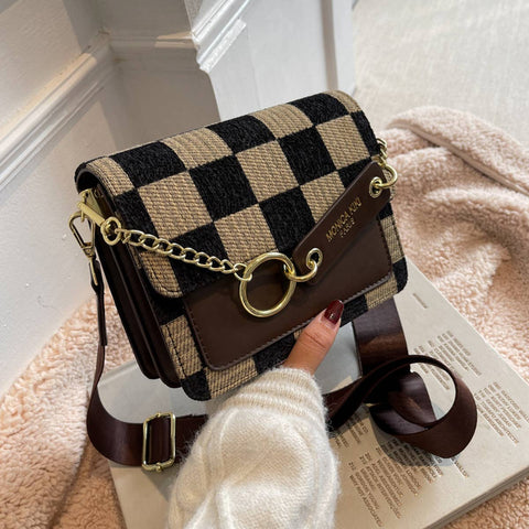 FASHIONABLE CHECKERBOARD SHOULDER BAG_CWAB1545: COFFEE / (OS) 1-MODE-Couture-Boutique-Womens-Clothing