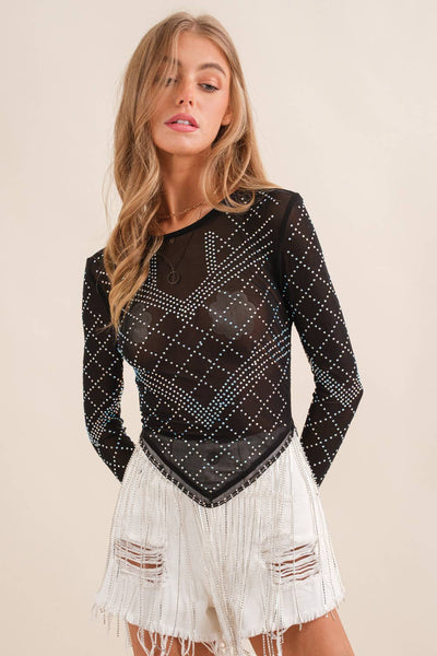 THE NOVA MESH STUDDED RHINSTONE TOP IN BLACK-LONG SLEEVE TOP-MODE-Couture-Boutique-Womens-Clothing