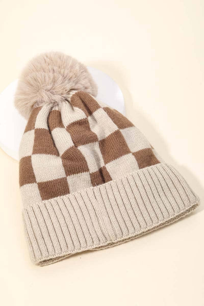 CHECKERED PATTERN POM BEANIE (MULTI)-hat-MODE-Couture-Boutique-Womens-Clothing