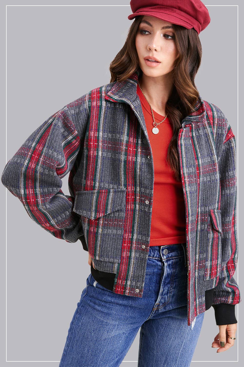 WINTER WONDERLAND CHECKERED RELAXED FIT BOMBER JACKET IN GRAY-Jacket-MODE-Couture-Boutique-Womens-Clothing