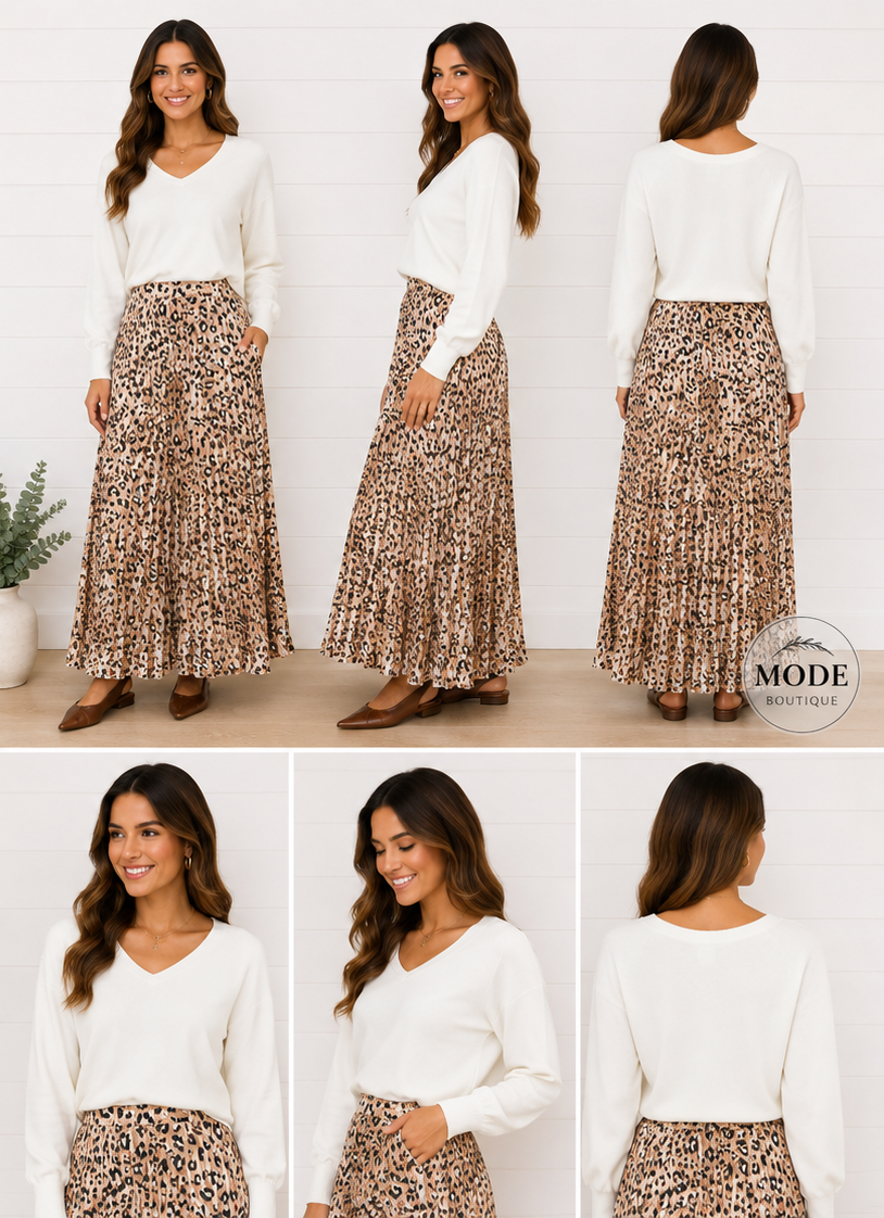 ALIYAH LEOPARD PRINT PLEATED MAXI SKIRT
