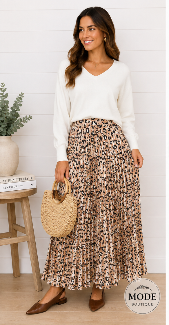ALIYAH LEOPARD PRINT PLEATED MAXI SKIRT