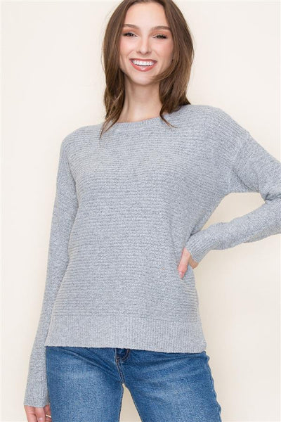 REIGN IT IN CREW NECK RIBBED PULLOVER SWEATER IN HEATHER GRAY-Tops-MODE-Couture-Boutique-Womens-Clothing