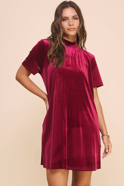 NATALIE MOCK NECK VELVET DRESS IN BURGUNDY-MODE-Couture-Boutique-Womens-Clothing