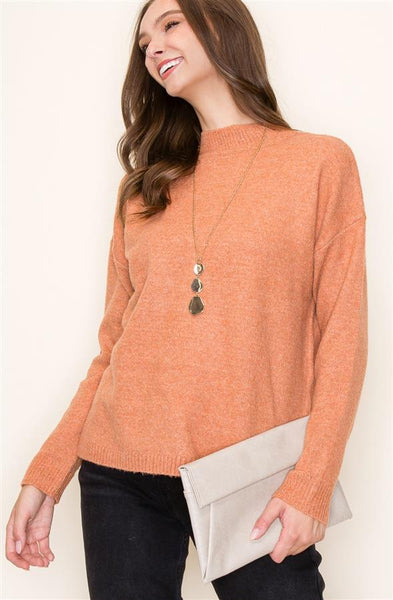 WAITING FOR TONIGHT MOCK NECK PULLOVER SWEATER IN LIGHT ORANGE-Tops-MODE-Couture-Boutique-Womens-Clothing