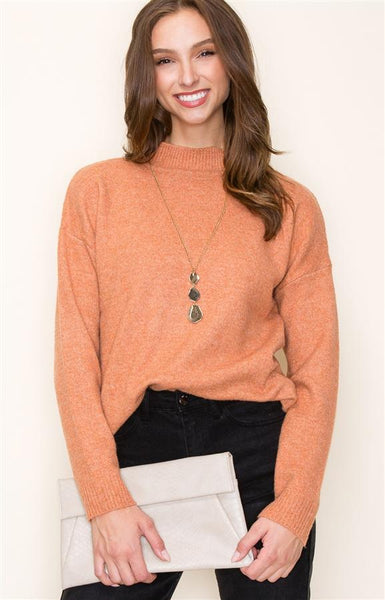 WAITING FOR TONIGHT MOCK NECK PULLOVER SWEATER IN LIGHT ORANGE-Tops-MODE-Couture-Boutique-Womens-Clothing