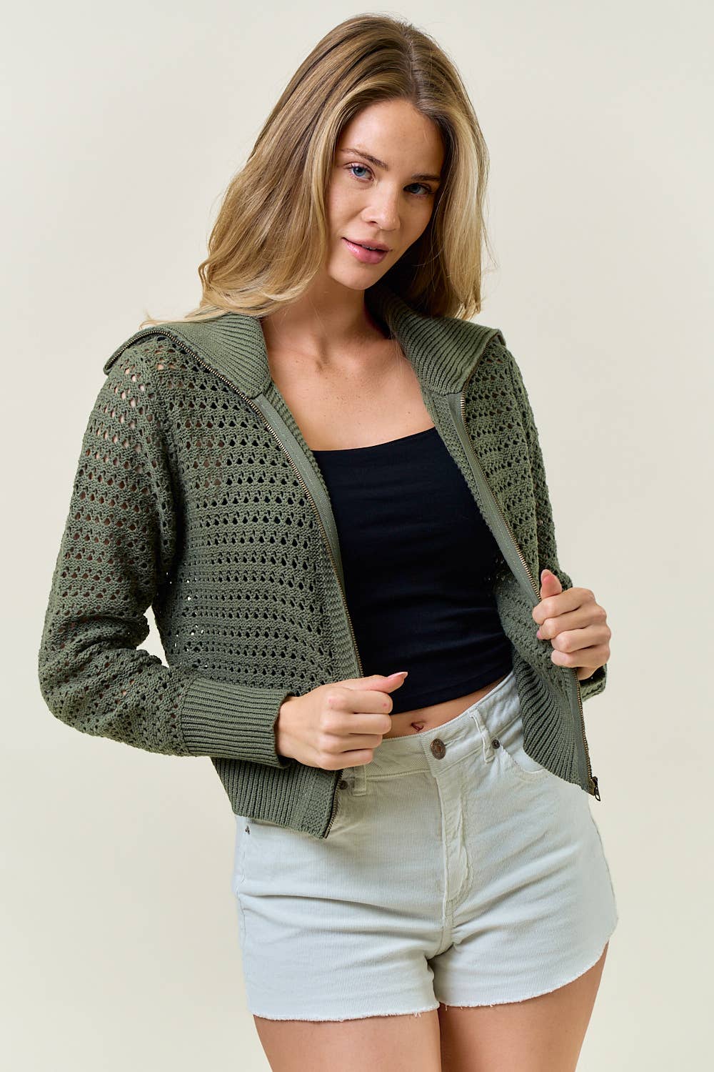 Zip-Up Pointelle Open Knit Sweater Jacket In Olive-Zip-Up Sweater-MODE-Couture-Boutique-Womens-Clothing