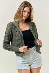 Zip-Up Pointelle Open Knit Sweater Jacket In Olive-Zip-Up Sweater-MODE-Couture-Boutique-Womens-Clothing