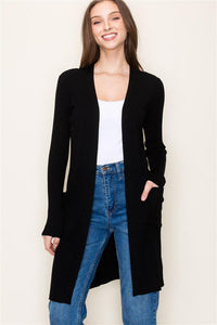 SIERRA RIBBED LONG SLEEVE CARDIGAN WITH POCKETS IN BLACK-Tops-MODE-Couture-Boutique-Womens-Clothing