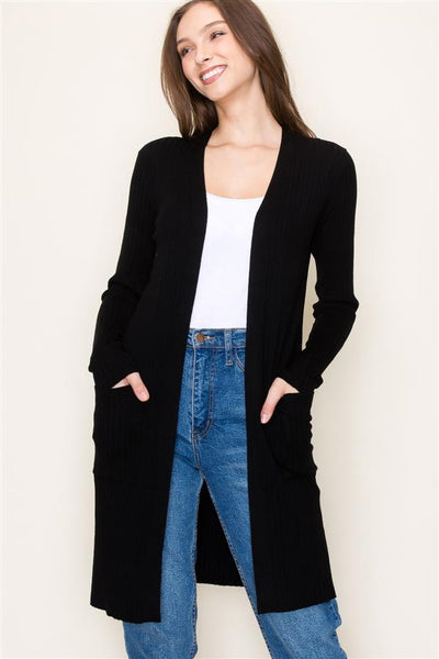 SIERRA RIBBED LONG SLEEVE CARDIGAN WITH POCKETS IN BLACK-Tops-MODE-Couture-Boutique-Womens-Clothing