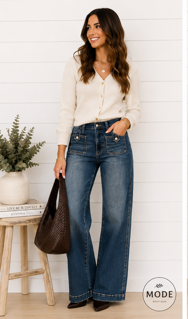 LUX RETRO HIGH RISE WITH FRONT PATCH JEANS IN DARK INDIGO-Jeans-MODE-Couture-Boutique-Womens-Clothing