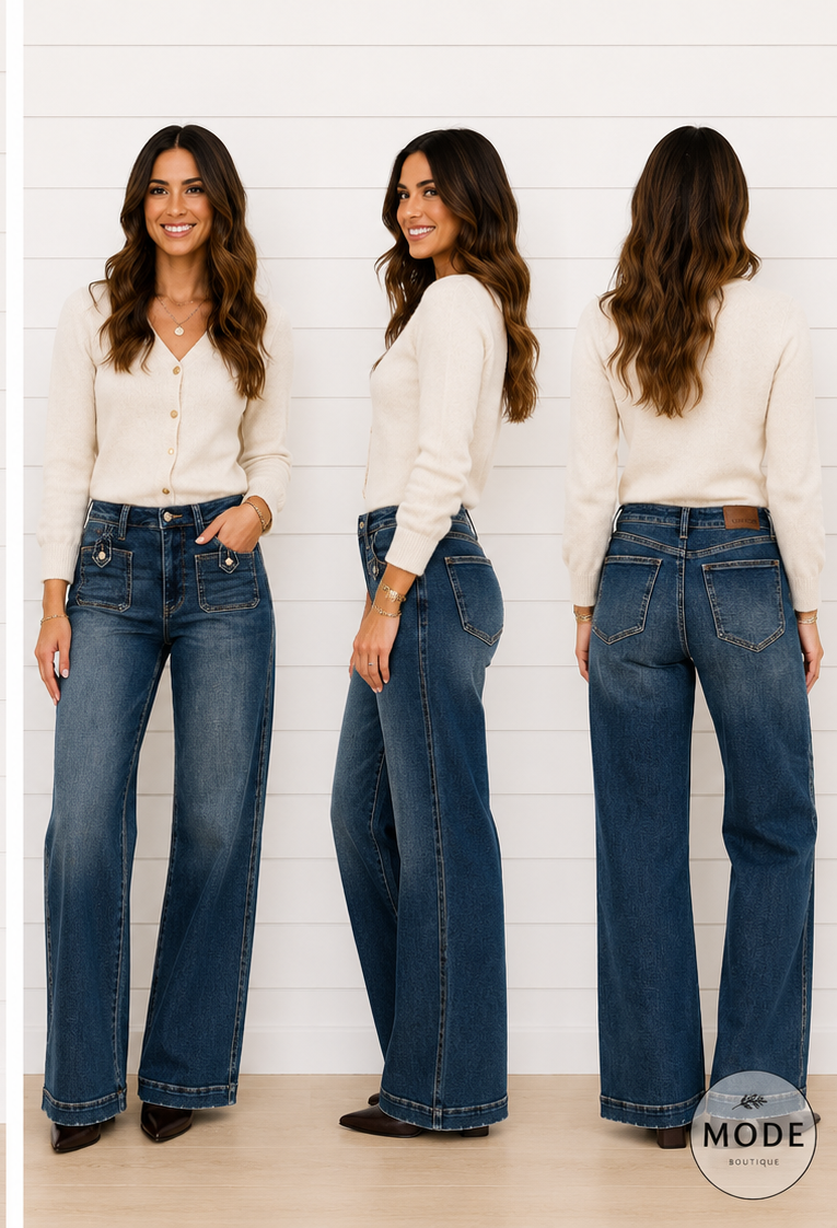LUX RETRO HIGH RISE WITH FRONT PATCH JEANS IN DARK INDIGO-Jeans-MODE-Couture-Boutique-Womens-Clothing