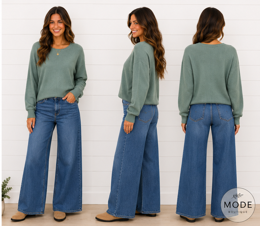 CAMILLA ROUND NECK SOFTEST FRONT SEAM SWEATER IN CHIVE-Sweaters-MODE-Couture-Boutique-Womens-Clothing