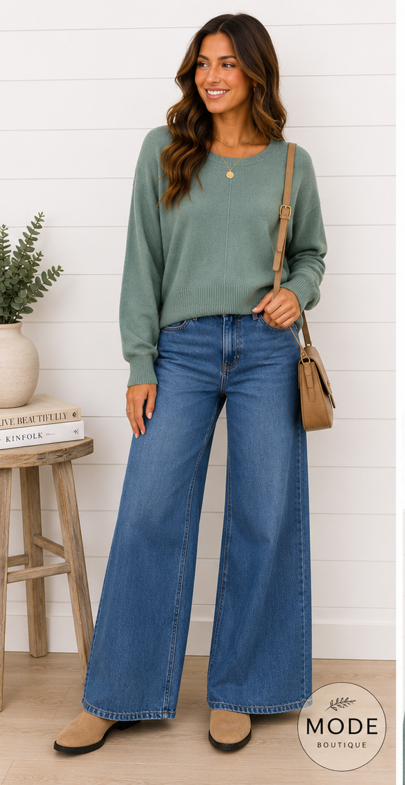 CAMILLA ROUND NECK SOFTEST FRONT SEAM SWEATER IN CHIVE-Sweaters-MODE-Couture-Boutique-Womens-Clothing