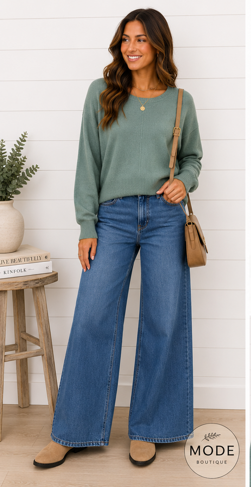 CAMILLA ROUND NECK SOFTEST FRONT SEAM SWEATER IN CHIVE-Sweaters-MODE-Couture-Boutique-Womens-Clothing