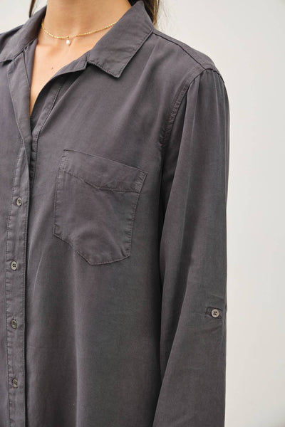 TENCEL ROLL SLEEVE HIGH LOW SHIRT DRESS IN GREIGE-SHIRT DRESS-MODE-Couture-Boutique-Womens-Clothing