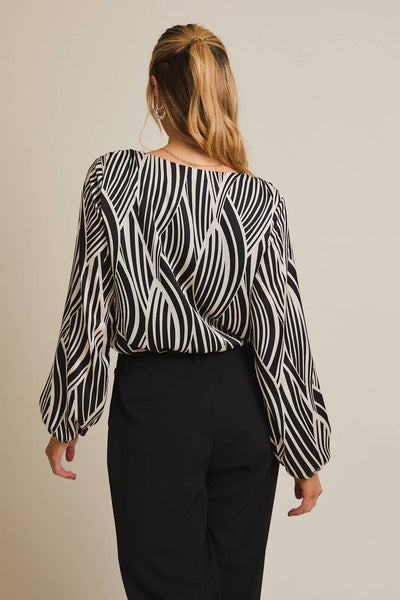 JALISA ABSTRACT SURPLICE BODYSUIT IN WHITE/BLACK-bodysuits-MODE-Couture-Boutique-Womens-Clothing