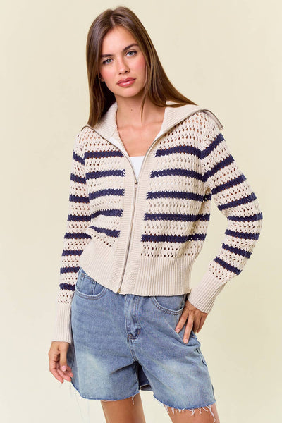 Zip-Up Striped Pointelle Open Knit Sweater Jacket-MODE-Couture-Boutique-Womens-Clothing