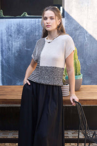 COLORBLOCK SHORT SLEEVE SWEATER TOP IN BLACK MULTI-KNIT TOP-MODE-Couture-Boutique-Womens-Clothing