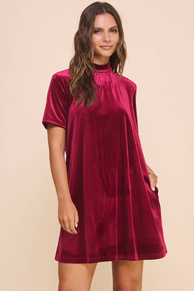 NATALIE MOCK NECK VELVET DRESS IN BURGUNDY-MODE-Couture-Boutique-Womens-Clothing