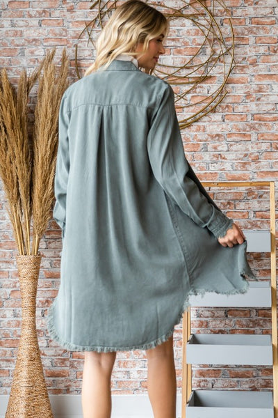 DRIVE ME CRAZY CHAMBRAY BUTTON DOWN SHIRT DRESS IN OLIVE-Shirts & Tops-MODE-Couture-Boutique-Womens-Clothing